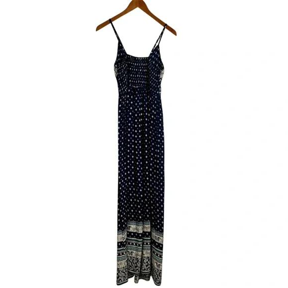 Devi Maxi Dress, Spaghetti Strap Navy Blue Long Boho Rayon Dress, Small / Medium - Picture 3 of 6